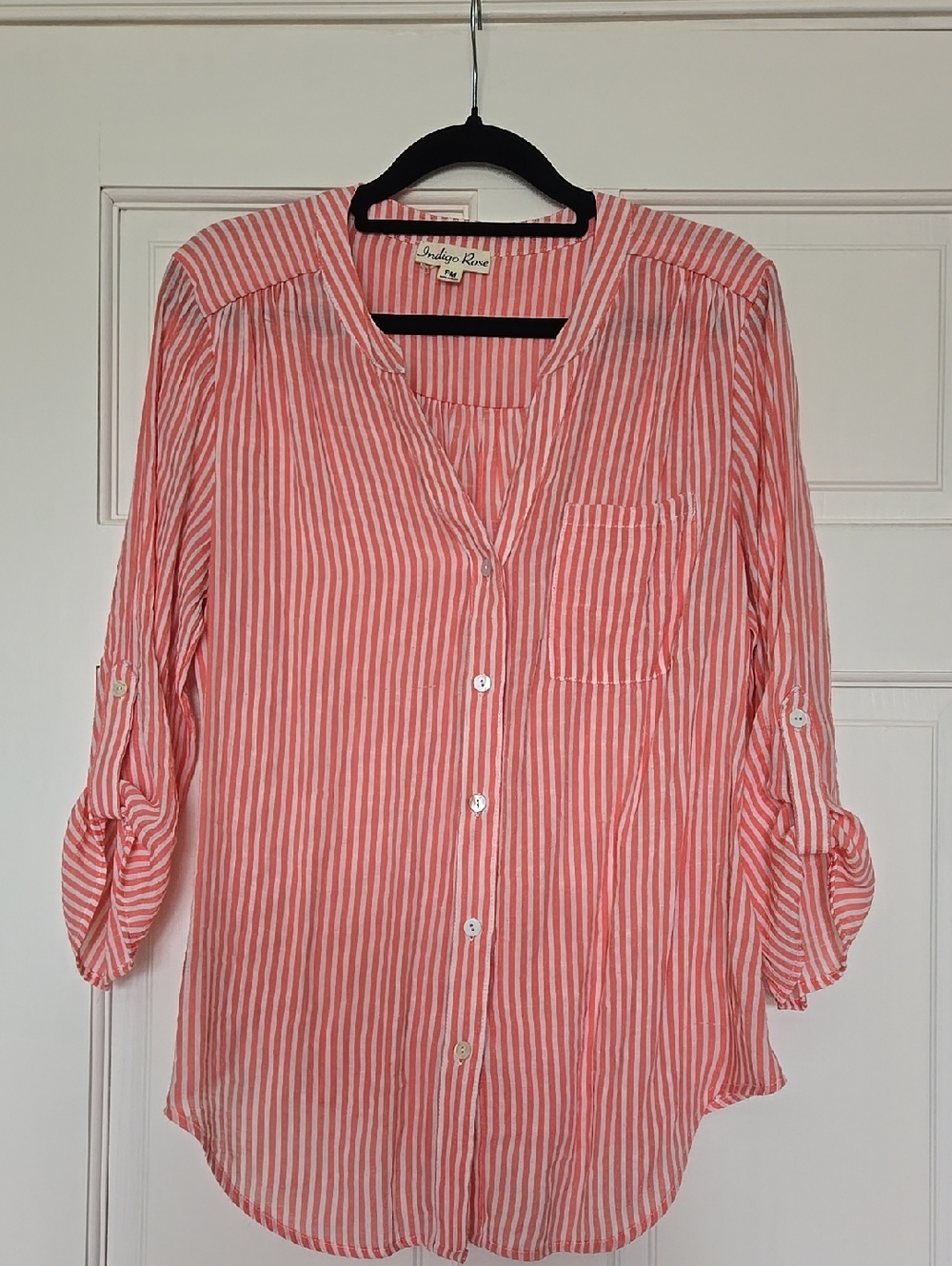 Indigo Rose Coral & White Striped Button-Down Shirt